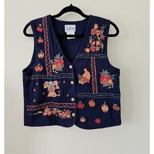 TanTrums Vest Womens S Indigo Fall Embroidered 100% Cotton Button Up Casual